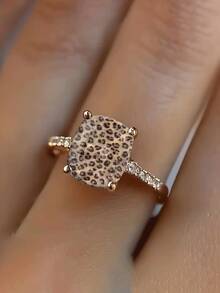 1pc Gold-Plated Faux Leopard Print Square Ring, Fashion Party Statement Piece, Sparkling Pave Design, Suitable For Women's Daily Wear And Party Occasions, Jewelry Gift Choice - Leopard Print - View 3