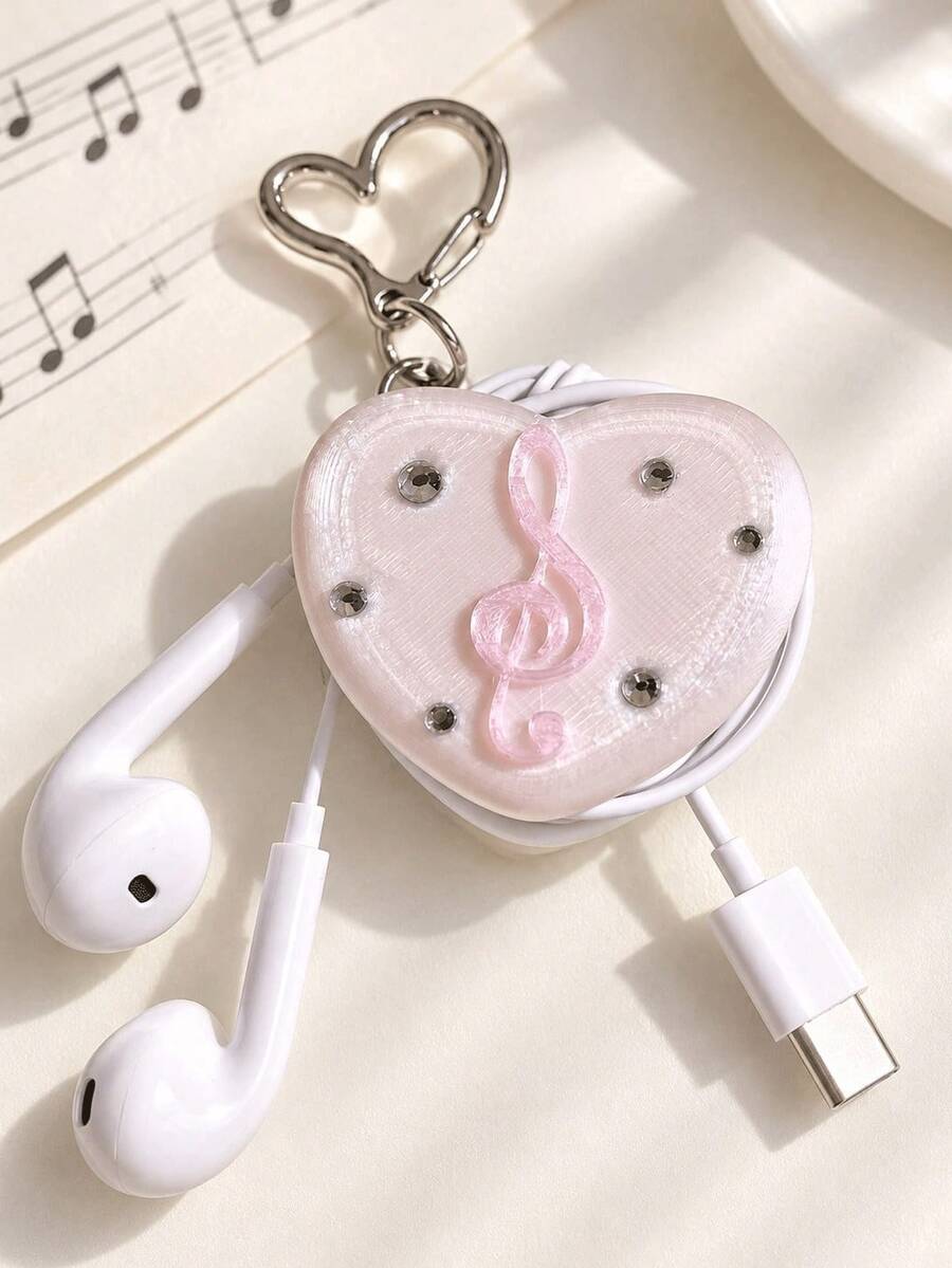 Korean Style Ins 3D Printed Heart-Shaped Musical Note Earphone Cable Organizer Keychain, Data Cable Storage Bag Pendant, Earphone And Charging Cable Organizer With Keychain, Ideal Gift For Girlfriend, Colleague, Classmate, Family - Multicolor - View 1