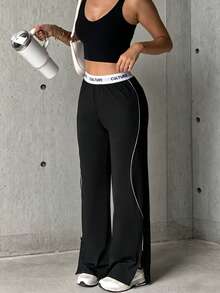 Hidkat Women's Fashion Solid Color High Waist Yoga Casual Sports Knit Long Pants - Black - View 4