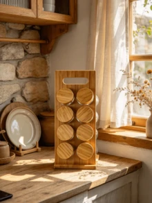 Bamboo Stand Glass Spice Jar Set, Available In 6-Grid And 8-Grid Sizes, Sealed Spice Storage Jars With Bamboo Wood Lids, Tilted Vertical Rack, Suitable For Storing Seasonings And Spices On Kitchen Countertops - Multicolor - View 1