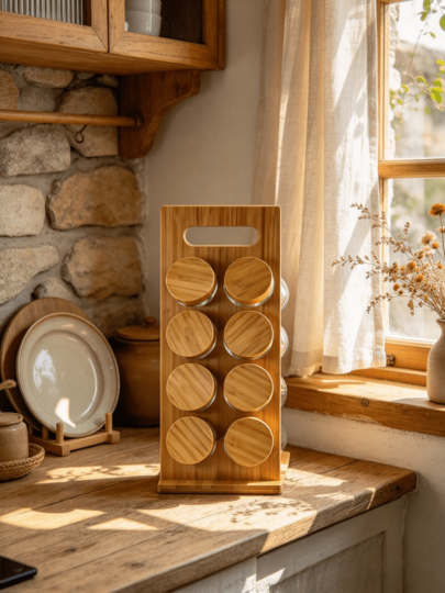 Bamboo Stand Glass Spice Jar Set, Available In 6-Grid And 8-Grid Sizes, Sealed Spice Storage Jars With Bamboo Wood Lids, Tilted Vertical Rack, Suitable For Storing Seasonings And Spices On Kitchen Countertops