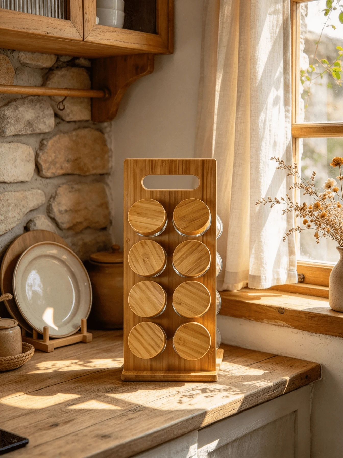Bamboo Stand Glass Spice Jar Set, Available In 6-Grid And 8-Grid Sizes, Sealed Spice Storage Jars With Bamboo Wood Lids, Tilted Vertical Rack, Suitable For Storing Seasonings And Spices On Kitchen Countertops - Multicolor - View 1