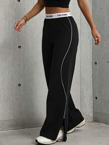 Hidkat Women's Fashion Solid Color High Waist Yoga Casual Sports Knit Long Pants - Black - View 5