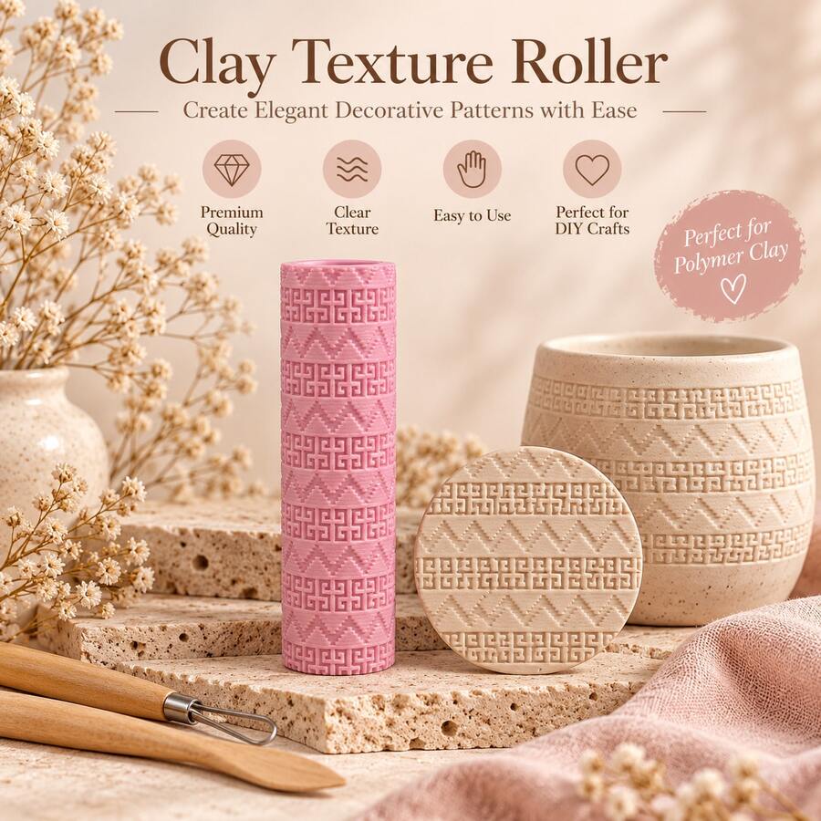 Greek Key Meander Texture Clay Roller, 3D Printed PLA Pottery Texture Roller, Ceramic Embossing Tool For Polymer Clay, Soft Clay, Air Dry Clay, Pottery, DIY Craft, Sculpting, Handbuilding, Geometric Border Pattern Stamp Roller Ceramic Making Supplies - Greek Key Pattern Pink - View 1
