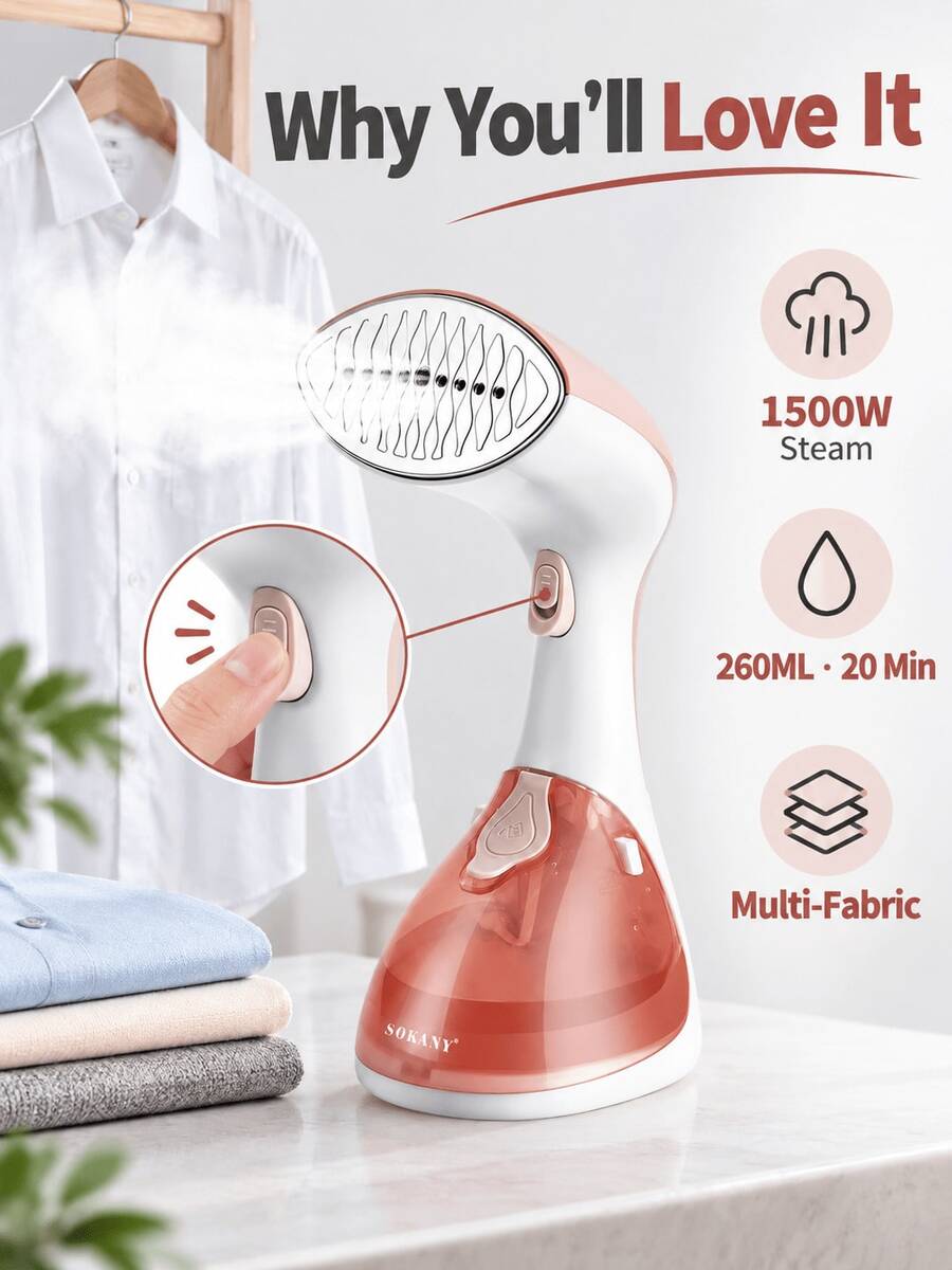 SOKANY Handheld Garment Steamer, 260ml Visible Tank, Stainless Plate, Vertical Wrinkle Remover - Baby Pink - View 1