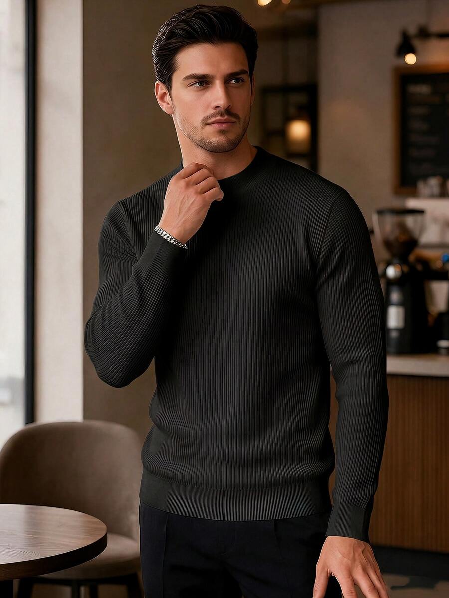 Men's Loose Thin Mock Neck Soft Comfortable Long Sleeve Ribbed Knit Sweater Suitable For Daily Casual Commute - Black - View 1