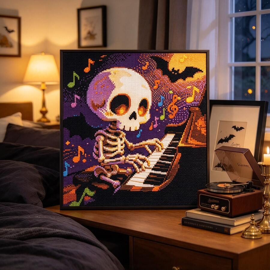 Halloween Skeleton Piano Cross Stitch Kit 11CT Medium Grid 38x38cm [14.97x14.97 Inches] Musical Notes Bat Skull DIY Stress Relief Handmade Dark Style Embroidery Decoration