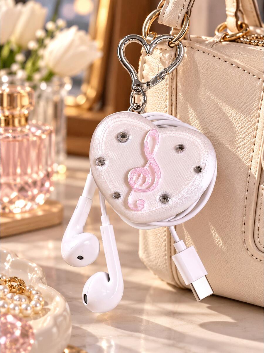 Korean Style Ins 3D Printed Heart-Shaped Musical Note Earphone Cable Organizer Keychain, Data Cable Storage Bag Pendant, Earphone And Charging Cable Organizer With Keychain, Ideal Gift For Girlfriend, Colleague, Classmate, Family - Multicolor - View 1