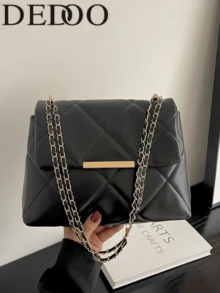 Dedoo Women's Diamond Quilted Faux Leather Flap Shoulder Bag, Gold Metal Strip Decor Chain Strap, Large Capacity Elegant Luxury Handbag, Suitable For Daily, Party, Commute - Black - View 9