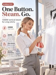 SOKANY Handheld Garment Steamer, 260ml Visible Tank, Stainless Plate, Vertical Wrinkle Remover - Baby Pink - View 2