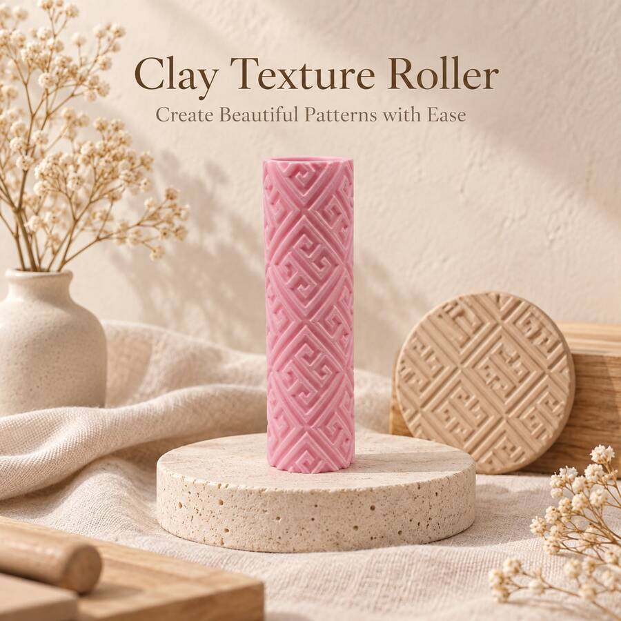 Roller Tekstur Tanah Liat Berliku, Roller Tekstur Keramik PLA Cetak 3D, Alat Embossing Keramik untuk Tanah Liat Polimer, Tanah Liat Lunak, Tanah Liat Kering Udara, Keramik, Kerajinan DIY, Memahat, Pembuatan dengan Tangan, Roller Stempel Pola Batas Geometris, Perlengkapan Keramik - Berwarna merah muda dengan pola berkelok-kelok. - View 1