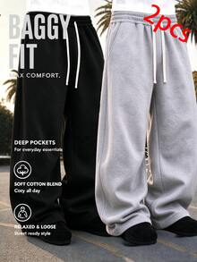 2pcs Men's Casual Sports Pants Set, Loose Straight Leg With Drape Effect, Suitable For Home And Outdoor Activities. Made Of 100% Polyester Fiber, With Drawstring Waistband For Easy Adjustment, Available In Multiple Colors. Lightweight Summer 2pcs Set. - Multicolor - View 3