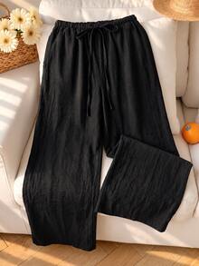 Women's Lightweight Breathable Casual Pants, Black Elastic Waist Drawstring Loose Flowy Wide Leg Trousers, Summer - Black - View 2