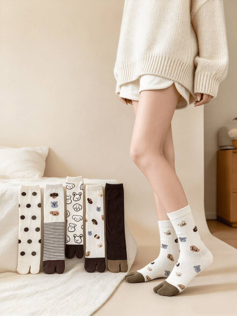 1/5 Pairs Cartoon Cute Polka Dot Puppy Print Comfortable Versatile Toe Socks - Multicolor - View 1