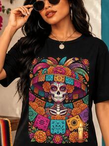Camiseta de manga corta holgada con cuello redondo para mujer, transpirable y resistente a la deformación. Ideal para fiestas temáticas del Día de los Muertos. Top con un estilo retro de cor - Multicolor - Ver 2