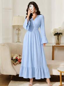 Women's V-Neck Ruffle Hem Ruched Waist Flared Long Sleeve Dress, Elegant All-Season Vacation Fall - Blue - View 1