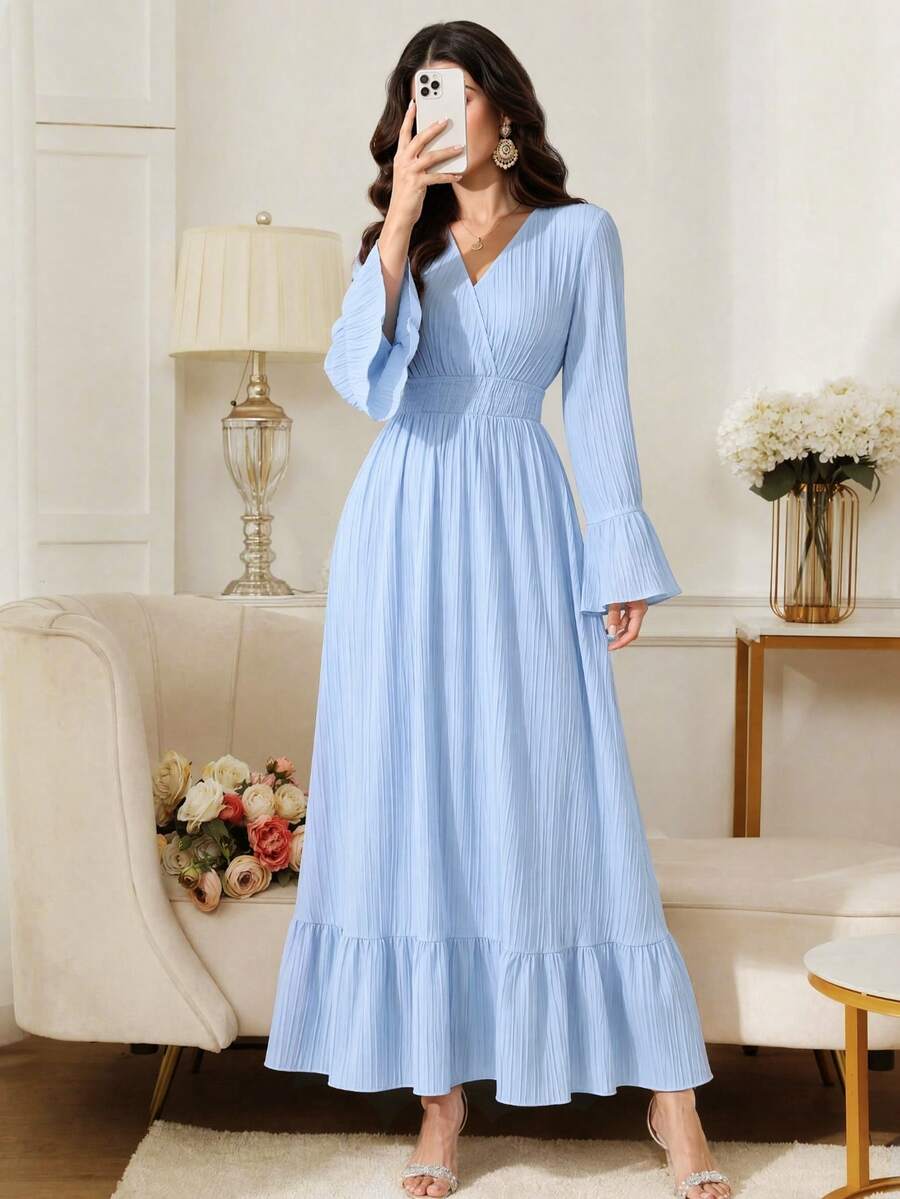 Women's V-Neck Ruffle Hem Ruched Waist Flared Long Sleeve Dress, Elegant All-Season Vacation Fall - Blue - View 1