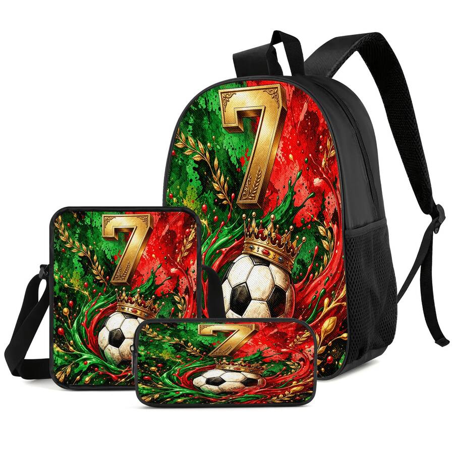 Gold Splatter Water 7# Crown Soccer Print 3 Pieces Set, Side Elastic Mesh Pocket Water Bottle Holder, Widened & Thickened Breathable Adjustable Shoulder Strap, Legend 7# Fan Sports Commute Fashion Storage Set - Printed Bag - View 1