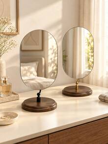 Nordic Minimalist Desktop Makeup Mirror, Frameless Oval Vanity Mirror With Walnut Wood Base, Adjustable Tabletop Makeup Mirror, Suitable For Bedroom, Vanity, Bathroom And Home Decor - Multicolor - View 2