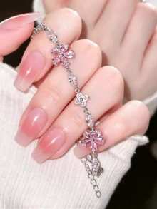 1pc Pink Girly Style Cherry Blossom Bow Flower Zirconia Bracelet - Multicolor - View 1