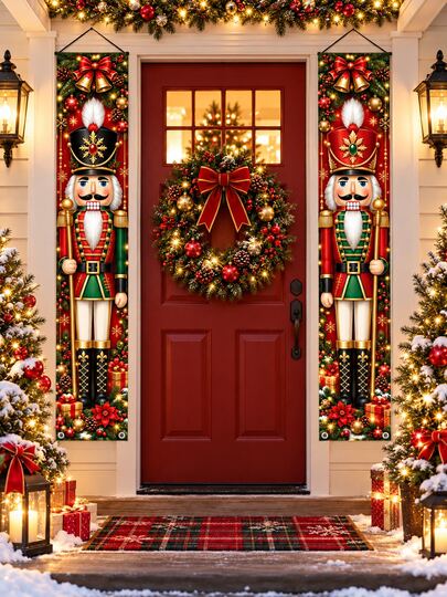 2pcs Nutcracker Christmas Porch Banner, Red & Green Soldier Polyester Front Door Hanging Decor, Christmas Entryway Porch Decoration, Suitable For Indoor & Outdoor Wall Christmas Holiday Party Home Decor