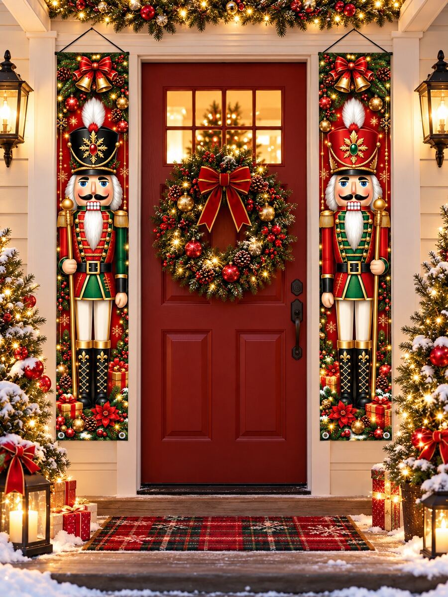 2pcs Nutcracker Christmas Porch Banner, Red & Green Soldier Polyester Front Door Hanging Decor, Christmas Entryway Porch Decoration, Suitable For Indoor & Outdoor Wall Christmas Holiday Party Home Decor