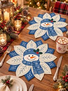 2/4/6pcs-Christmas Snowman Linen Placemat 35 X 35 Cm, Blue Snowflake Holiday Table Mat, Winter Xmas Dining Table Decor For Kitchen Dinner Party, Christmas Home Decorations And Festive Table Setting - Multicolor - View 6