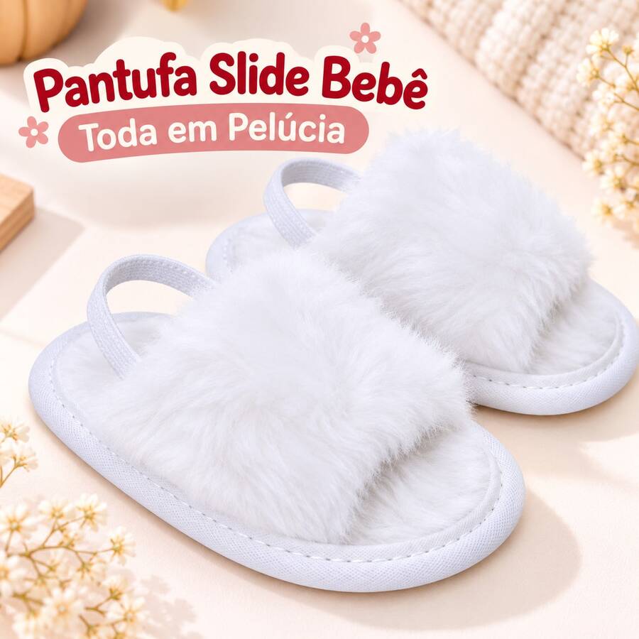 Pantufa Slide Bebê com Pelúcia Macia, Solado Emborrachado Antiderrapante e Elástico no Calcanhar - Branco - Branco - Visão 1
