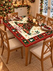 1pc Christmas Tree Gift Table Cover, Elastic Fitted Tablecloth, Merry Christmas Tree Snowflake Heart Star Plaid Print Stretch Spandex Dining Table Cover For Xmas Holiday Party Kitchen Farmhouse Home Decor - Multicolor - View 12