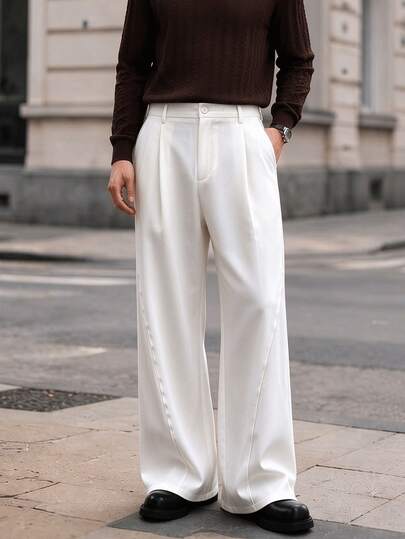 Men's Spring/Autumn Single Pleat Wide Leg Dress Pants With Diagonal Split Design, Draped Fabric, Loose Casual Fit