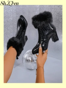 1pair Black Crocodile Pattern Ankle Booties, Furry Fur Trim Chunky Heel Winter Dress Boots Furry Trim Chunky Block Heel Zipper Booties Boots For Women - Black - View 5