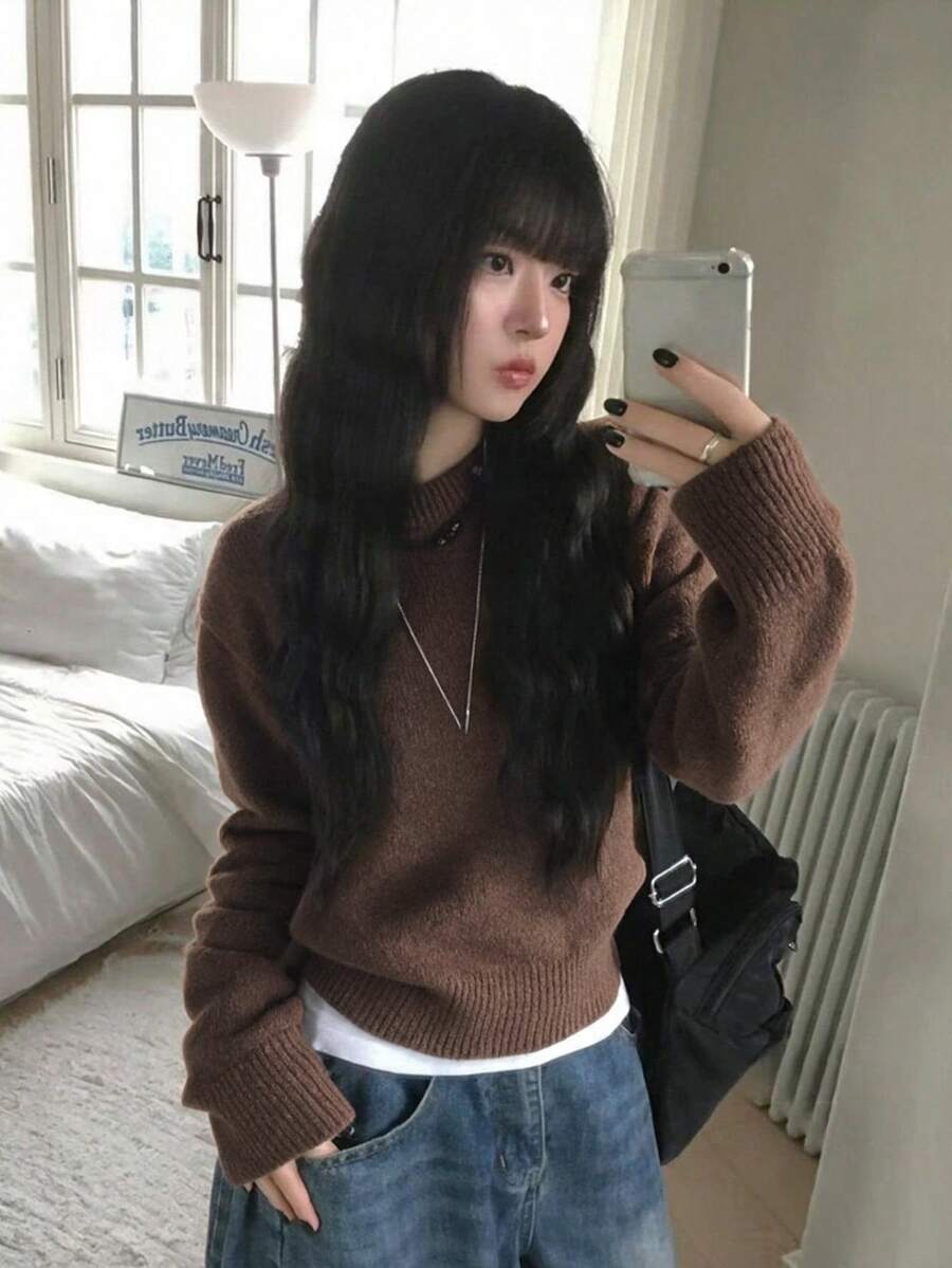 Autumn/Winter Minimalist Solid Color Round Neck Casual Versatile Knit Sweater