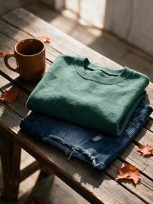 Women's Long-Sleeved Casual Top, Casual Vacation Plain-Collared Top - No Patterns, No Prints, Comfortable And Warm Knitted Imitation Sweater - Green - View 3