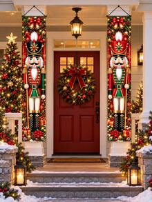 2pcs Nutcracker Christmas Porch Banner, Red & Green Soldier Polyester Front Door Hanging Decor, Christmas Entryway Porch Decoration, Suitable For Indoor & Outdoor Wall Christmas Holiday Party Home Decor - B - View 4