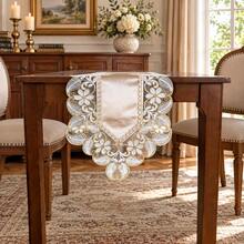 100% Polyester Vintage Luxury Rectangular Table Runner, Soft Base Fabric With Sheer Mesh, Full Floral And Leaf Embroidery, All-Around Hollow Lace Edge, Double Layer Tablecloth, Suitable For Bridal Breakfast Table, Country Cottage Kitchen Decor - Light Brown - View 3