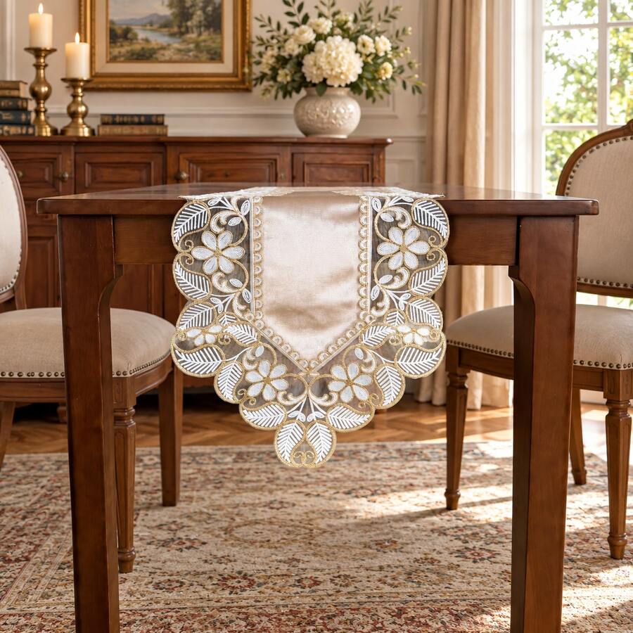 100% Polyester Vintage Luxury Rectangular Table Runner, Soft Base Fabric With Sheer Mesh, Full Floral And Leaf Embroidery, All-Around Hollow Lace Edge, Double Layer Tablecloth, Suitable For Bridal Breakfast Table, Country Cottage Kitchen Decor - Light Brown - View 1