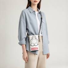 Mesuca Mini Phone Crossbody Bag, Disney Cartoon Baymax Character Design, White Background With Black Line Print, Snap Closure, Adjustable Spaghetti Strap, Lightweight And Compact, Outdoor Small Item Storage Bag, 1pc - White - View 1