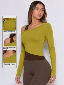 Never me Women's Sports T-Shirt Asymmetric Shoulder 2 In 1 Colorblock Long Sleeve Top For Pilates Yoga With Built-In Bra Pads - Olive Green - View 3