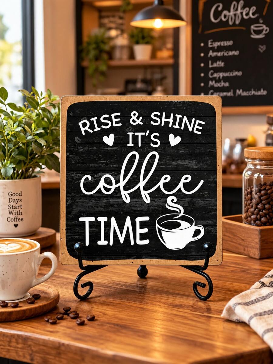 2pcs/1pc Farmhouse Style Coffee Bar Sign, Rise & Shine It's Coffee Time, 4"X4" Wooden Plaque With Stand, Home Kitchen Desktop Decor Gift