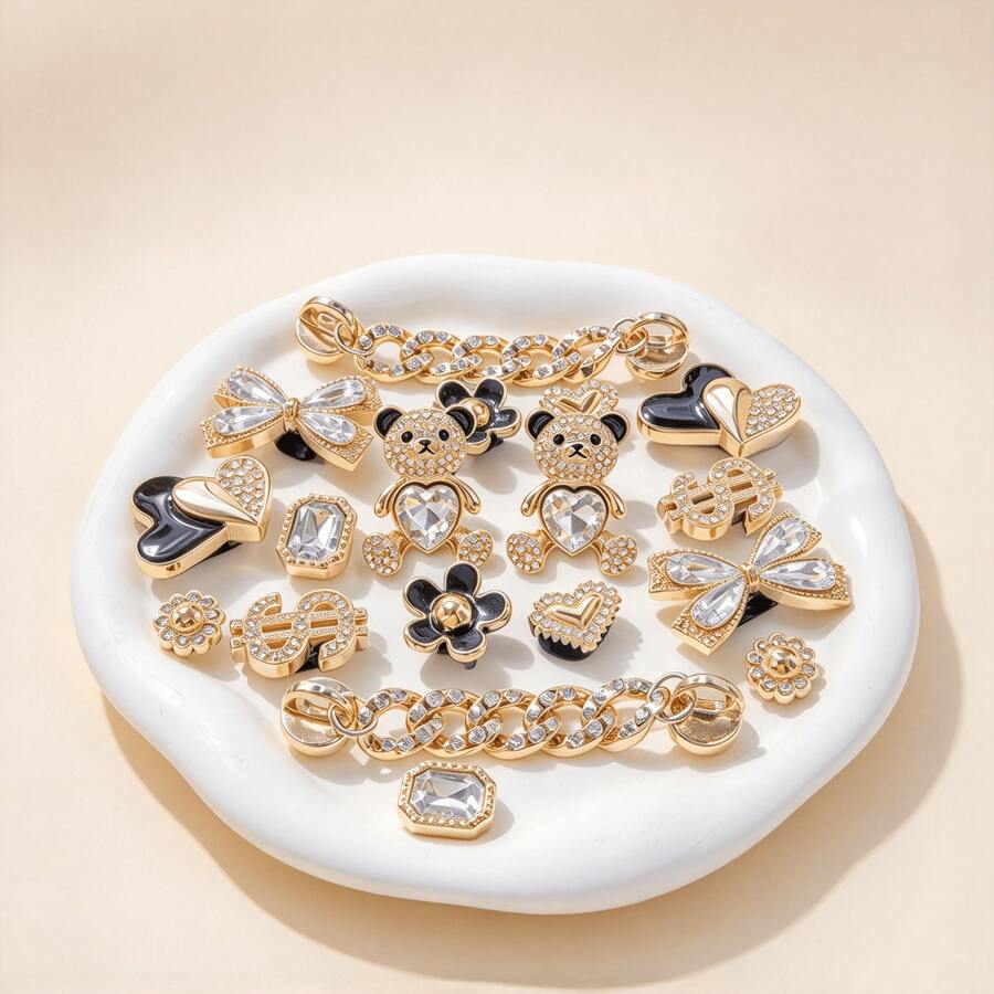 18pcs Gold Shoe Decoration Accessories (Rhinestone Bow, Rhinestone Panda, Chain, Flower, Dollar, Heart) Suitable For Autumn/Winter Shoes With Holes, DIY Shoe Charms, Perfect Gift For Holidays, Birthdays, Parties - Gold - View 1