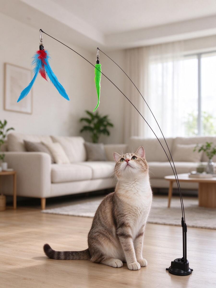 Suction Cup Double-Ended Cat Teaser Toy With Multiple Interchangeable Attachments, Interactive Self-Play Cat Toy With Feather, Caterpillar And Butterfly Replacement Heads, Indoor Kitten And Adult Cat Toy, Relieve Boredom, Pet Gift - Multicolor - View 1