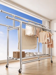 1pc Floor Stainless Steel Drying Rack With Lockable Casters (Compatible With Adult Hangers), Multi-Tier & Multi-Rod Movable Clothes Airer For Hanging Clothes And Drying Quilts On Balcony And Indoors, Suitable For Clothes Storage And Drying At Home - A - View 5