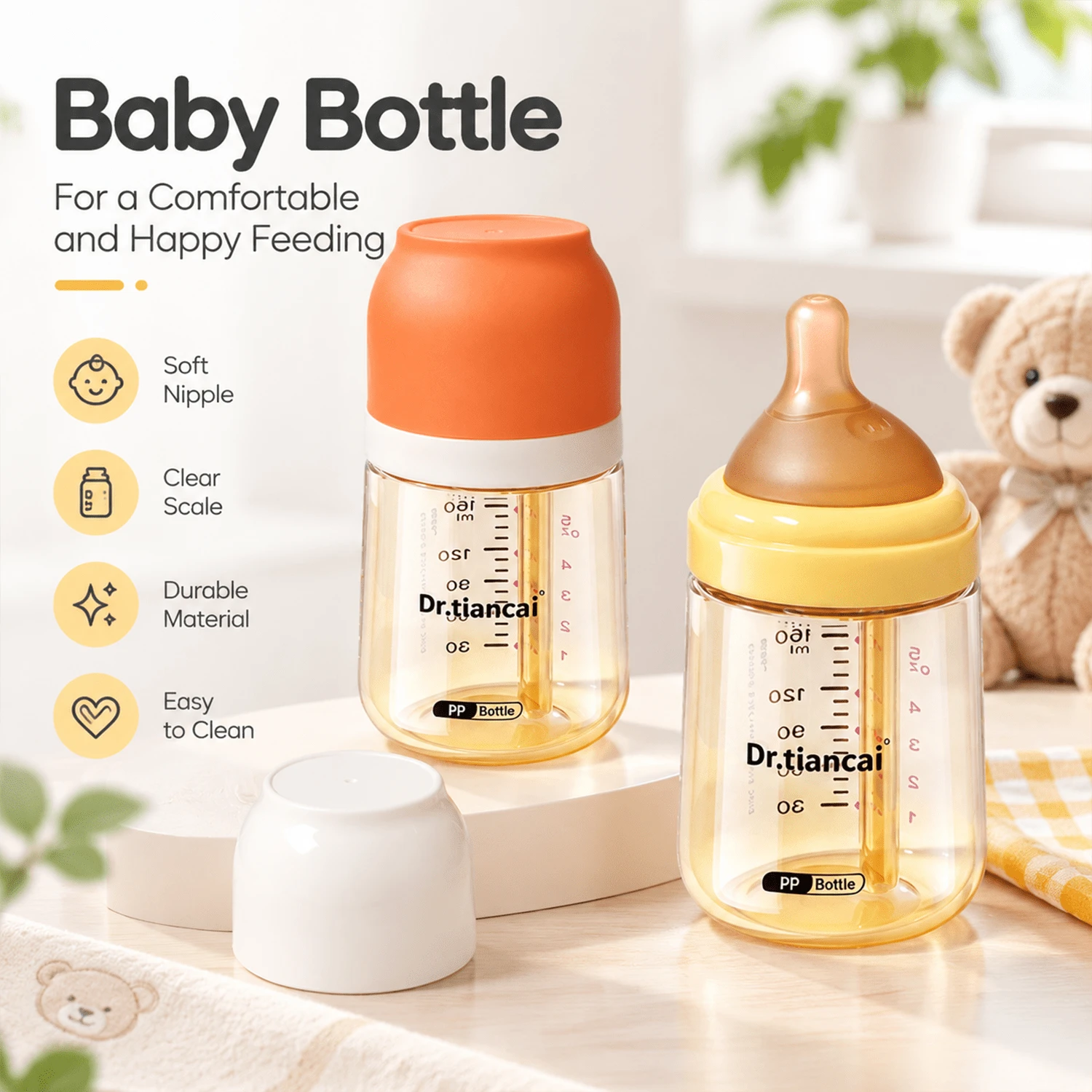 160ml/5.41oz PP Baby Bottle With Soft Silicone Nipple, Clear Markings, Easy To Clean, Enjoyable Feeding - Multicolor - View 1