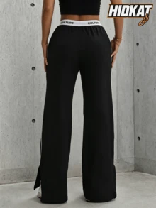 Hidkat Women's Fashion Solid Color High Waist Yoga Casual Sports Knit Long Pants - Black - View 2