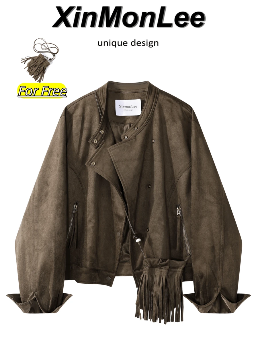 Korean Classic Vintage Short Suede Asymmetric Button Design Jacket Coat For Evening Date, College, Daily Wear, Autumn/Winter - Coffee Brown - View 1