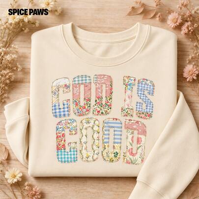 SPICE PAWS Women's Casual  Pullover Sweatshirt With 'God Is Good' Floral & Gingham Patchwork Print, Round Neck Long Sleeve Top For Fall