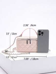 1pc Fashion PU Diamond Pattern Quilted Zipper Small Square Handbag, Versatile Shoulder Crossbody Bag For Women , Pink - Pink - View 3