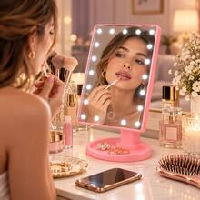 LED Makeup Mirror With Touch Light And Adjustable Angle – Vanity Mirror With Organizer Base - Pink - View 4