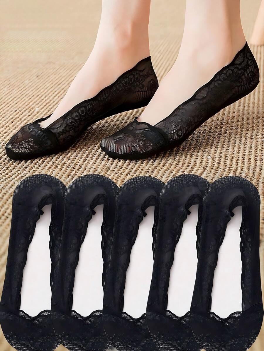 5 Pairs Women's Lace Wavy Pattern Invisible Boat Socks, Sweat-Absorbent, Moisture-Wicking, Non-Slip, Suitable For Daily Wear Or As A Gift - Black - View 1