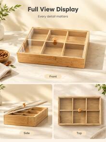 1pc Bamboo And Wood Compartmentalized Storage Box With Clear Acrylic Lid – Desktop Organizer For Dried Fruit, Snacks, Jewelry, And Sundries; Suitable For Living Room Coffee Tables. - 6-compartment + Lid 25*35cm - View 5